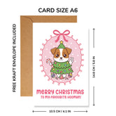 Christmas card with a dog illustration and free kraft envelope, showing dimensions.